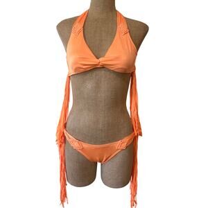Victoria Secret Vibrant Orange Swim Bathing Suit Braided Macrame Small Fringe